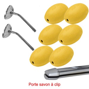 Savon jaune rotatif écolier Provendi (lot de 6) + 2 porte-savons chromés à clip